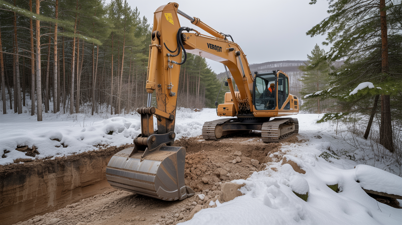 Orange excavator digging in snowy Vermont woods