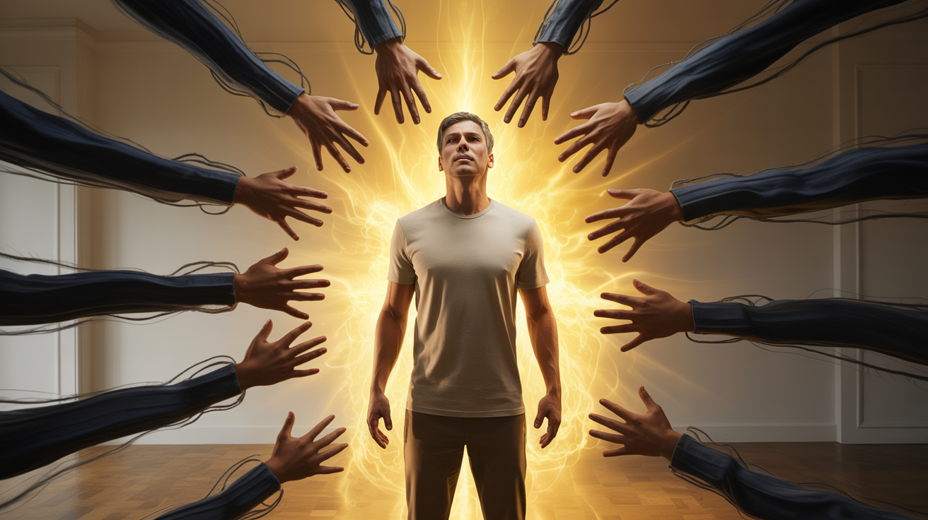 Muškarac četrdesetih godina stoji uspravan sa svetlećom aurom, ali su oko njega senke koje pokušavaju da ga povuku nazad — simbolizuju stare navike i ego. Kundalini buđenje i održavanje energije — osoba okružena spoljnim uticajima dok zadržava unutrašnju svetlost