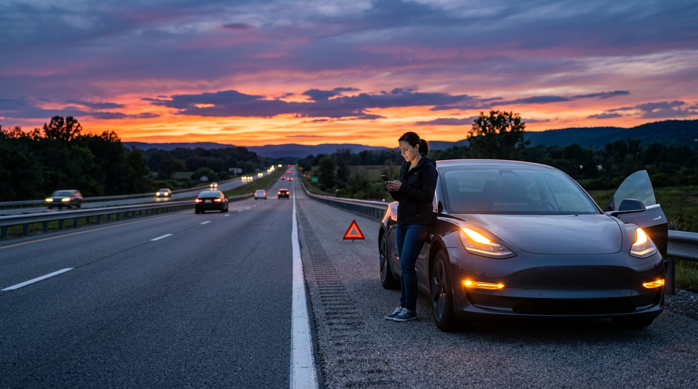 Electric vehicle stranded on the highway shoulder at dusk with hazard lights on