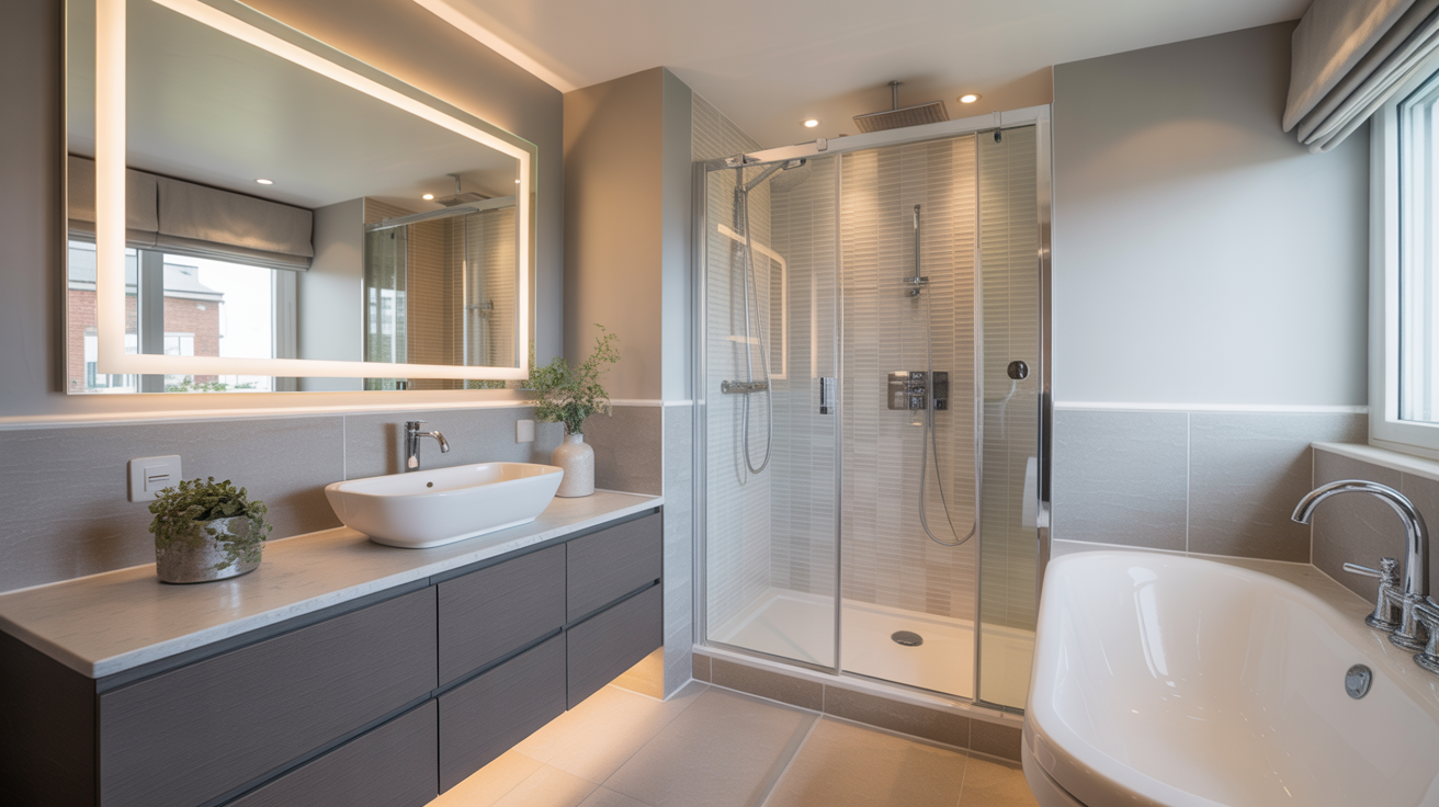 Refurbished park home bathroom with walk-in shower and modern fixtures