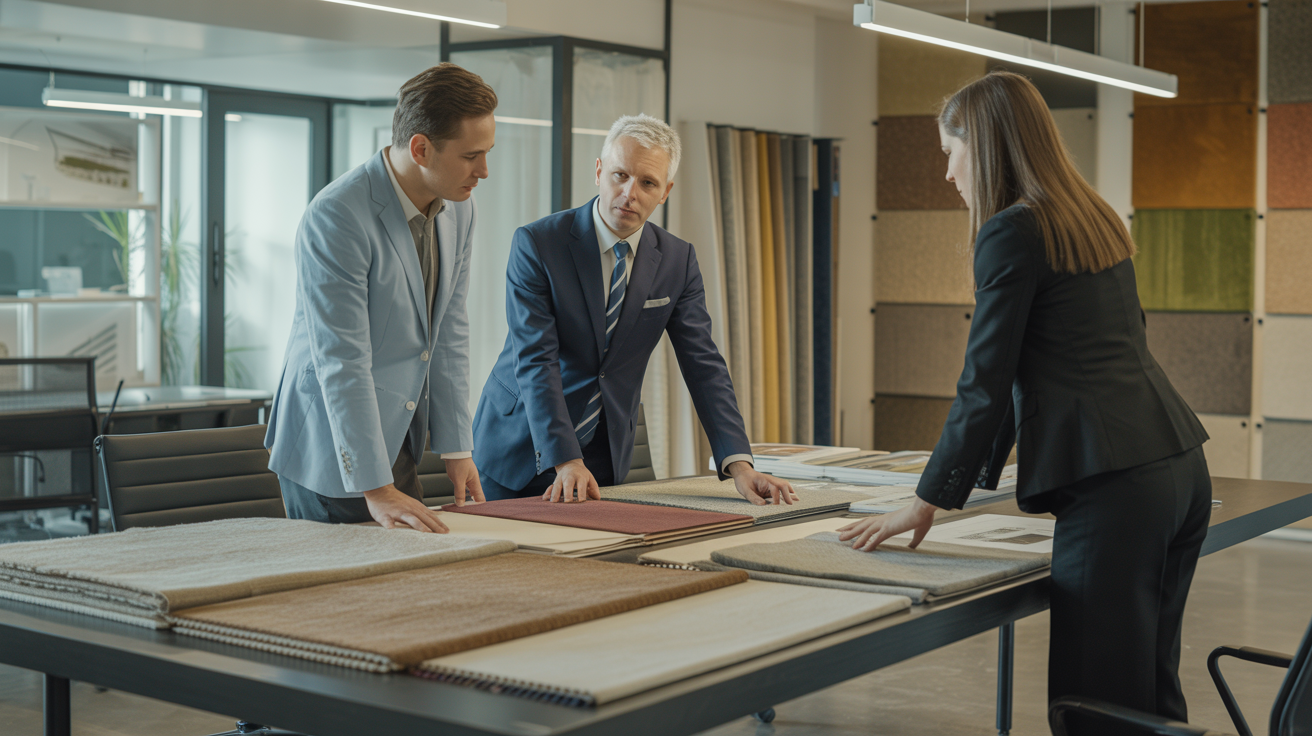 Reunión profesional con muestras de pavimentos naturales