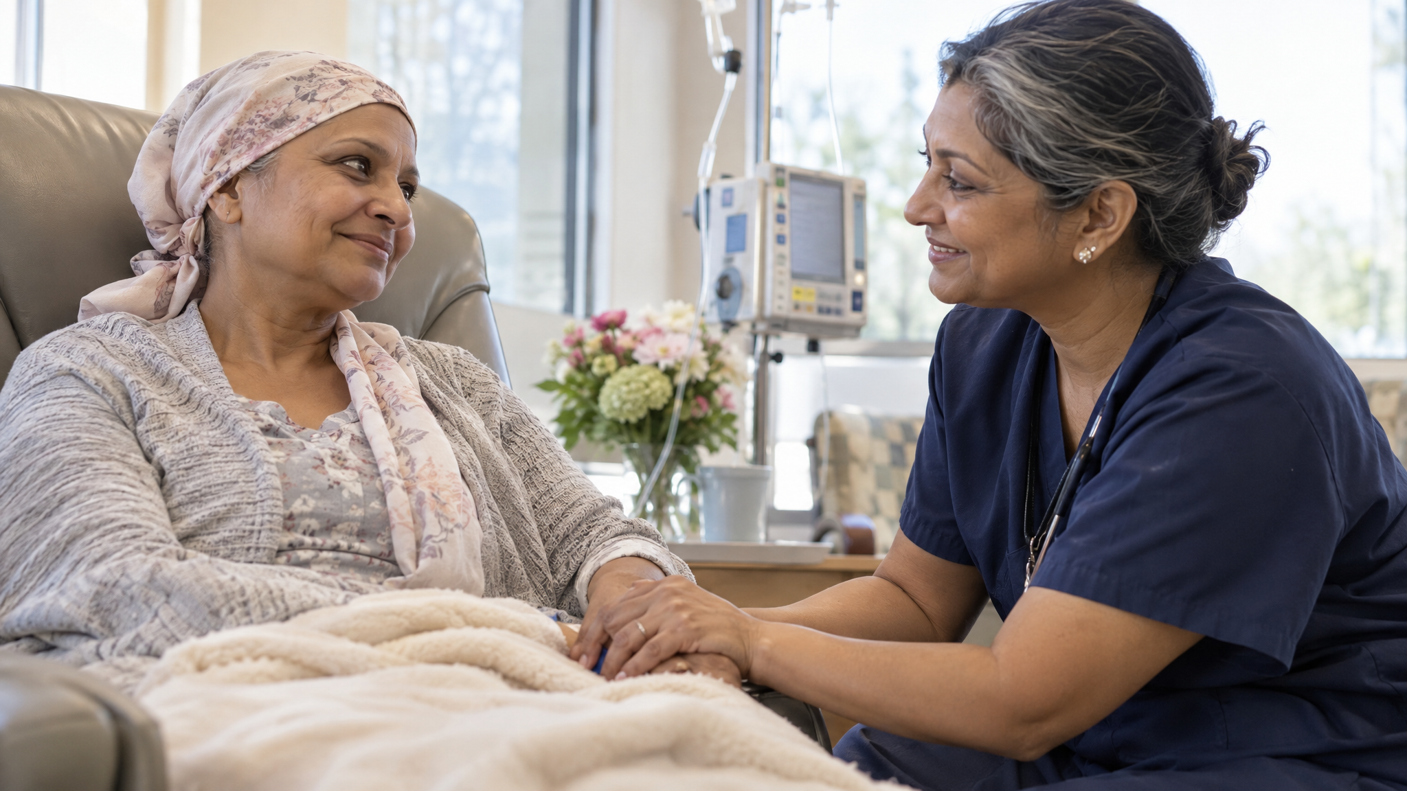 A woman veteran in a headscarf sitting with a female oncology nurse in an infusion room