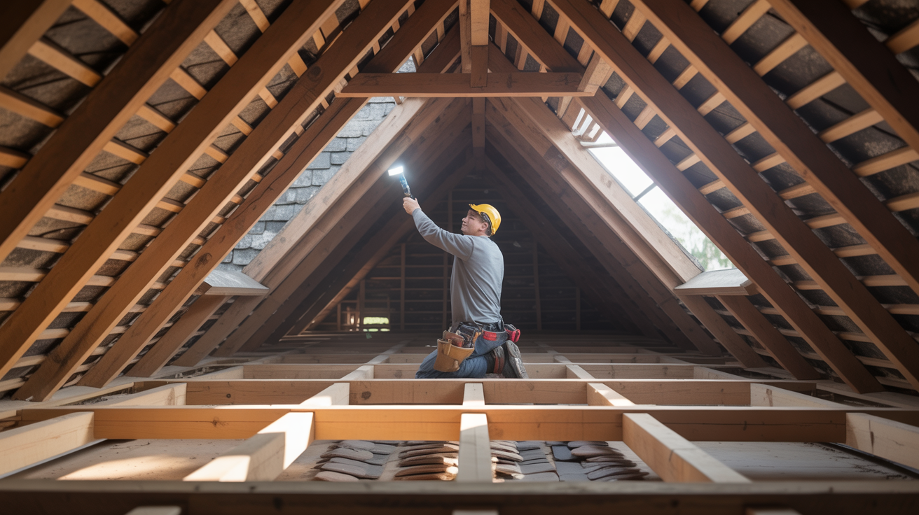 Roof leak being repaired from inside attic