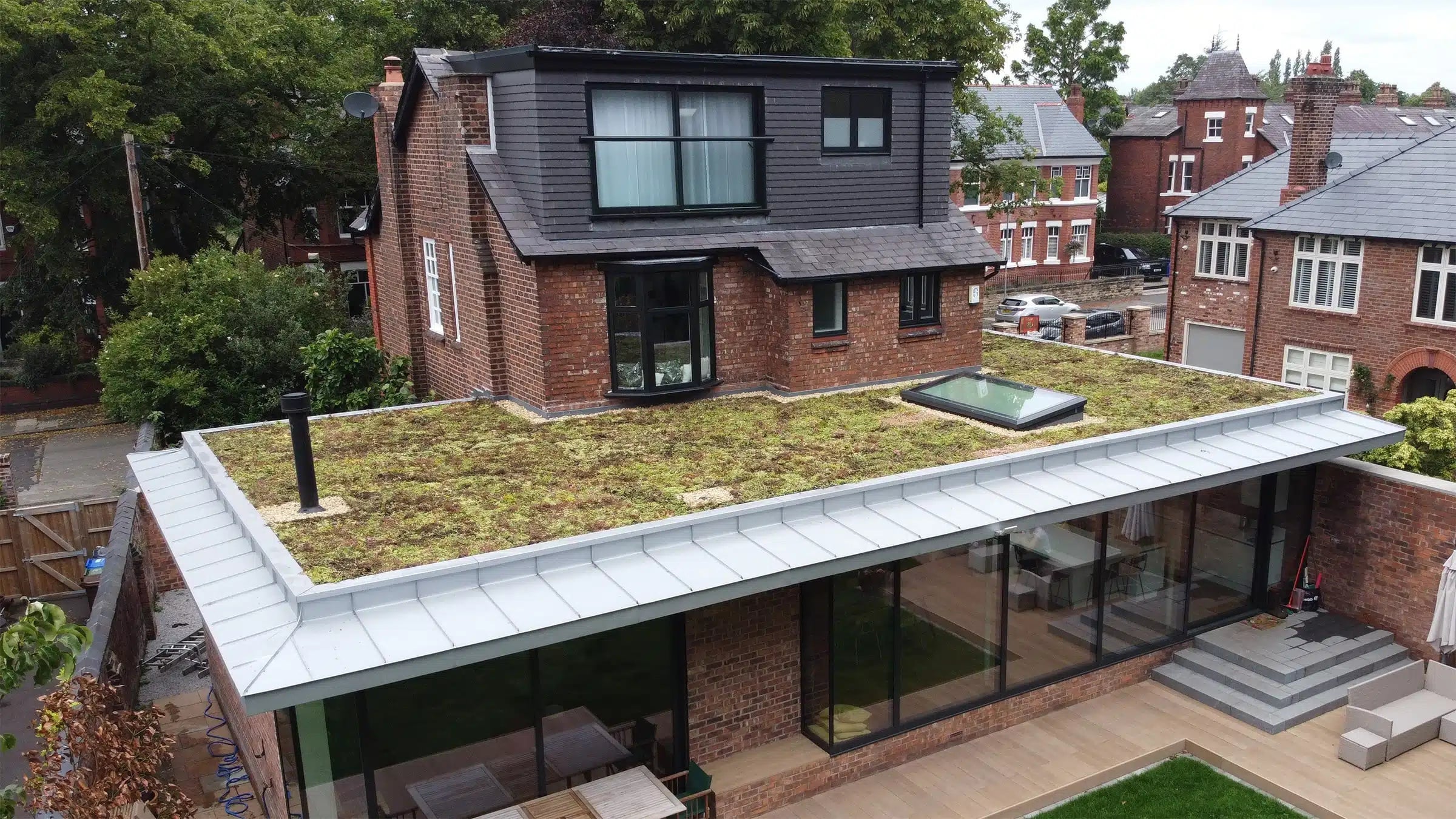 Flat roof with green sedum planted surface