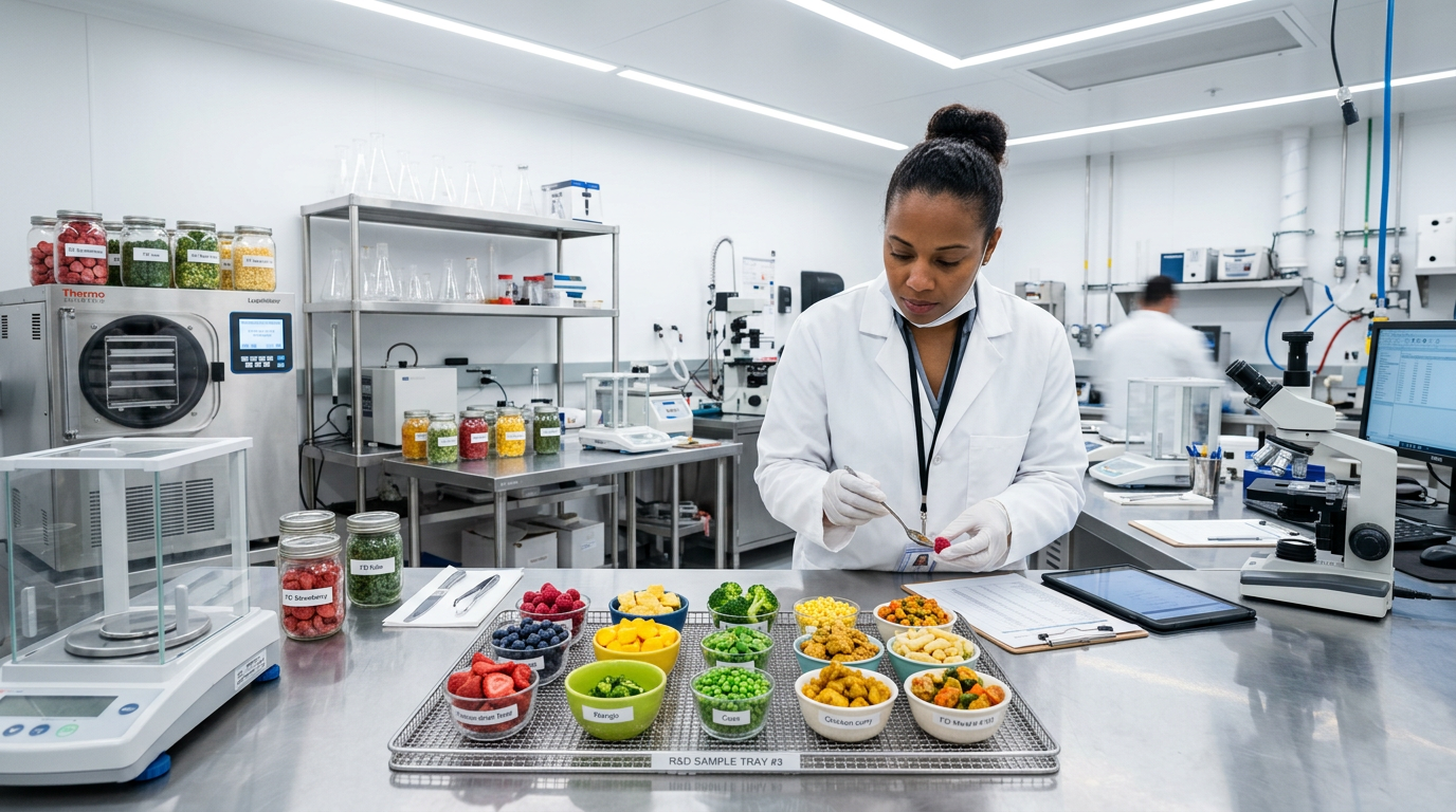 Food product development scene with freeze dried samples on trays in a modern lab kitchen
