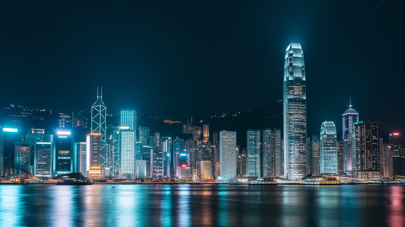 Hong Kong Victoria Harbour skyline at night with blue-toned lighting