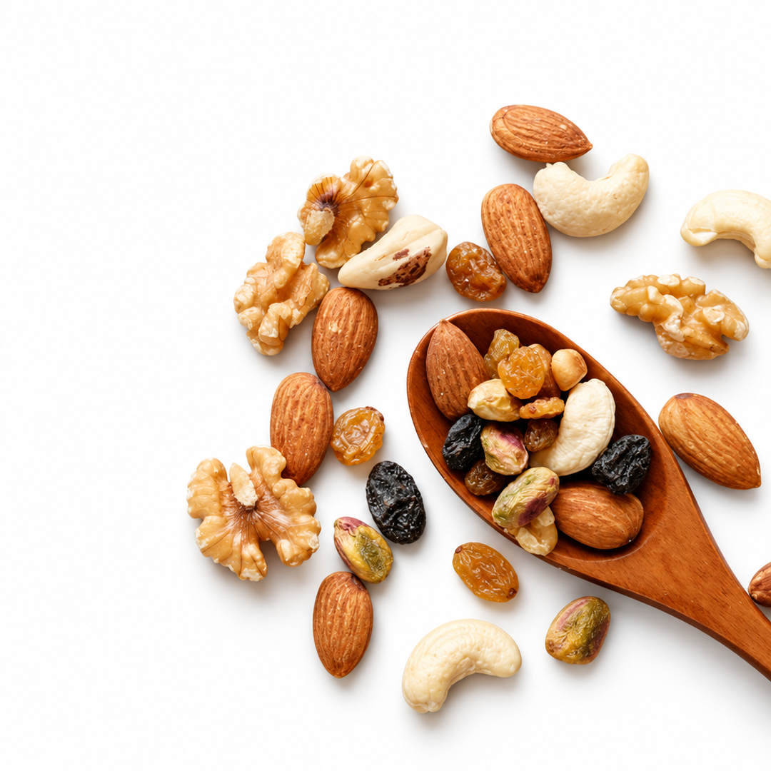 Mixed nuts and wooden spoon representing natural calcium sources
