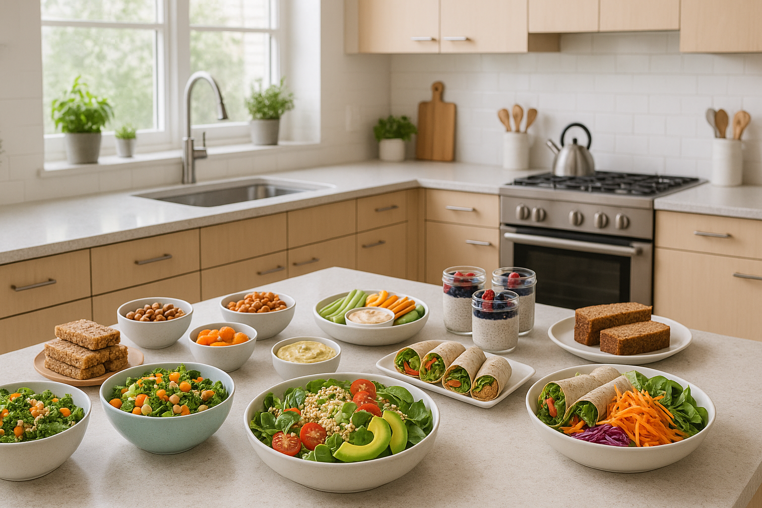Mesa com saladas, wraps, snacks saudáveis e bowls em uma cozinha moderna e iluminada