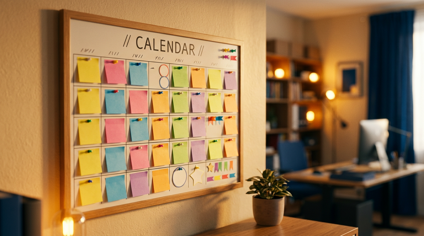 Calendário planejador com marcos e notas coloridas organizadas
