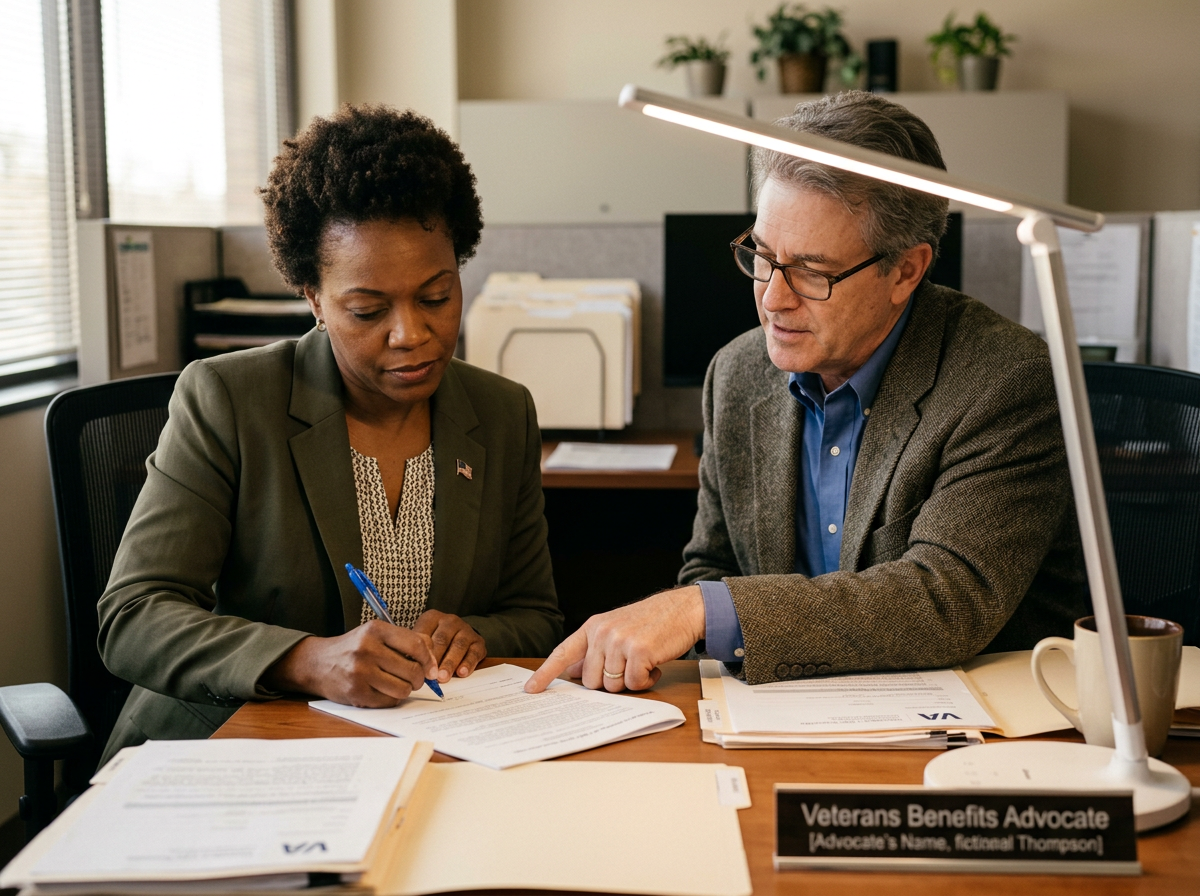 A VA-accredited claims advocate helping a woman veteran with her disability claim