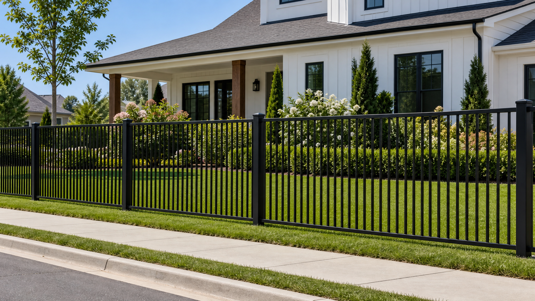 R100 Residential flat-top welded steel fence with single top and bottom rail along a suburban front yard