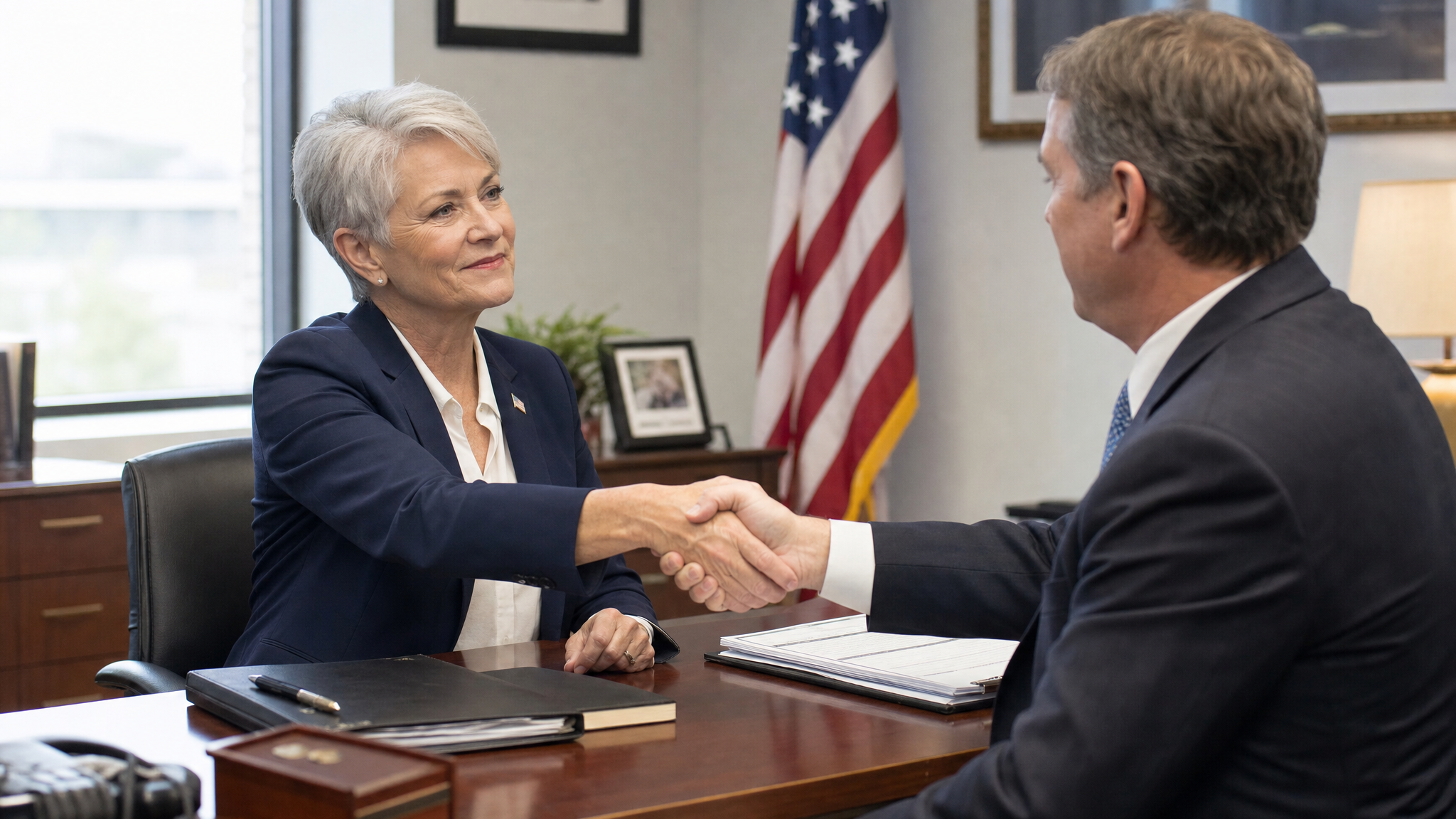 A senior white female veteran shaking hands with a hiring manager at the start of a federal job interview