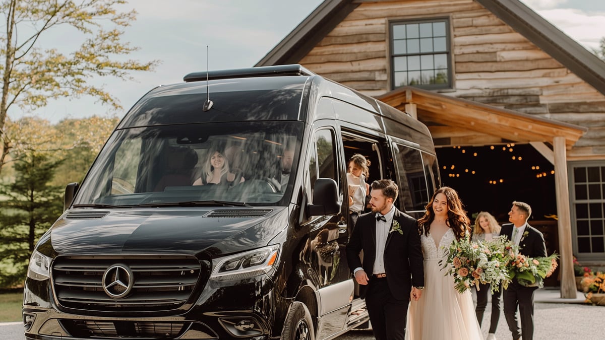 Wedding party boarding luxury black Sprinter van for Anna Maria Island wedding transportation