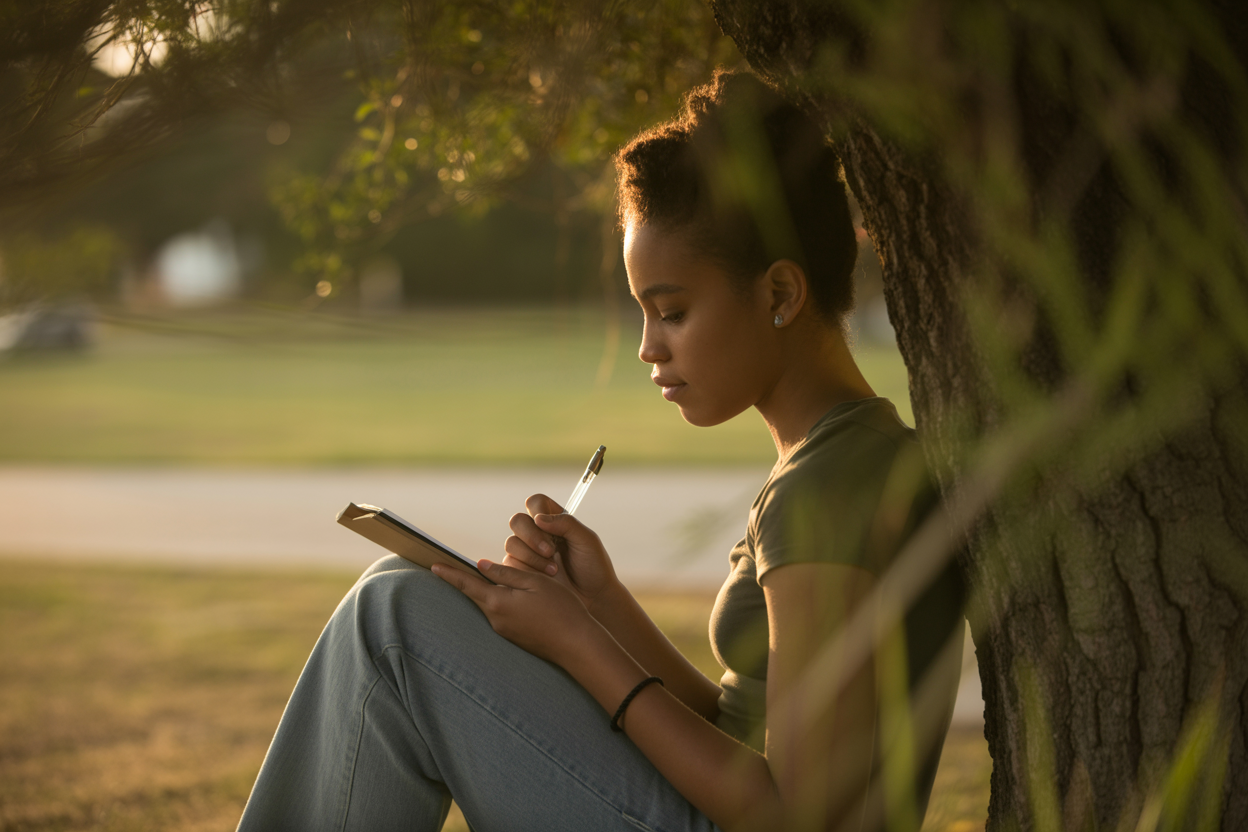 A young person writing reflectively in a journal in a peaceful setting