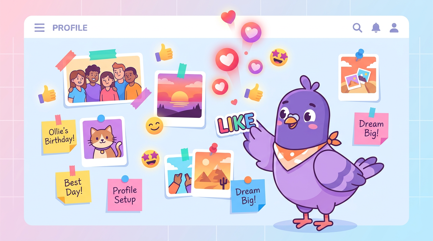 Pigeon mascot decorating a personal wall with photo cards, reactions and sticky notes