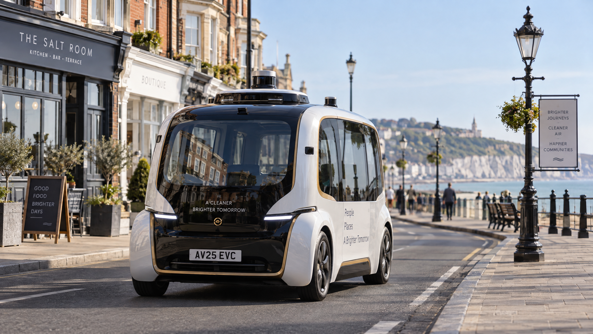 Compact purpose-built autonomous electric vehicle on a British city street