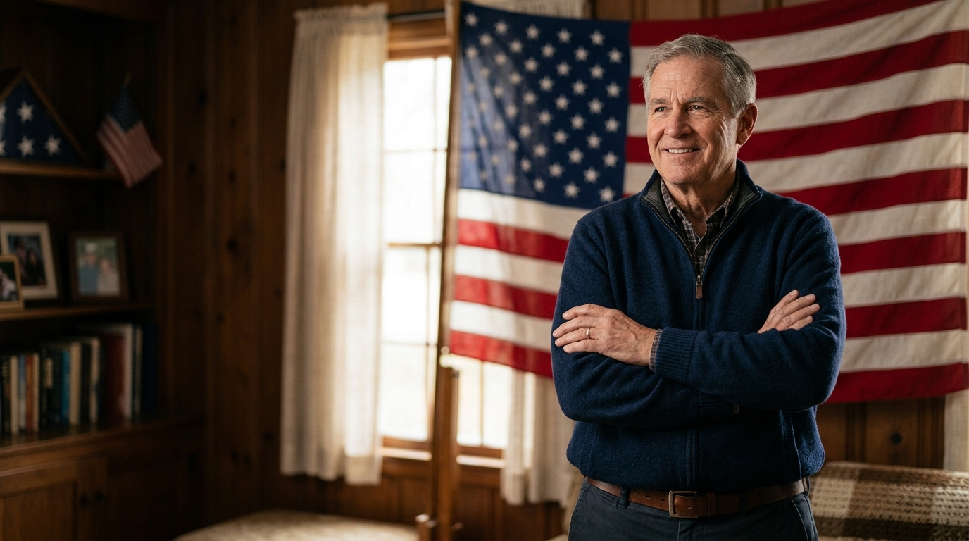A proud, dignified military retiree standing near an American flag