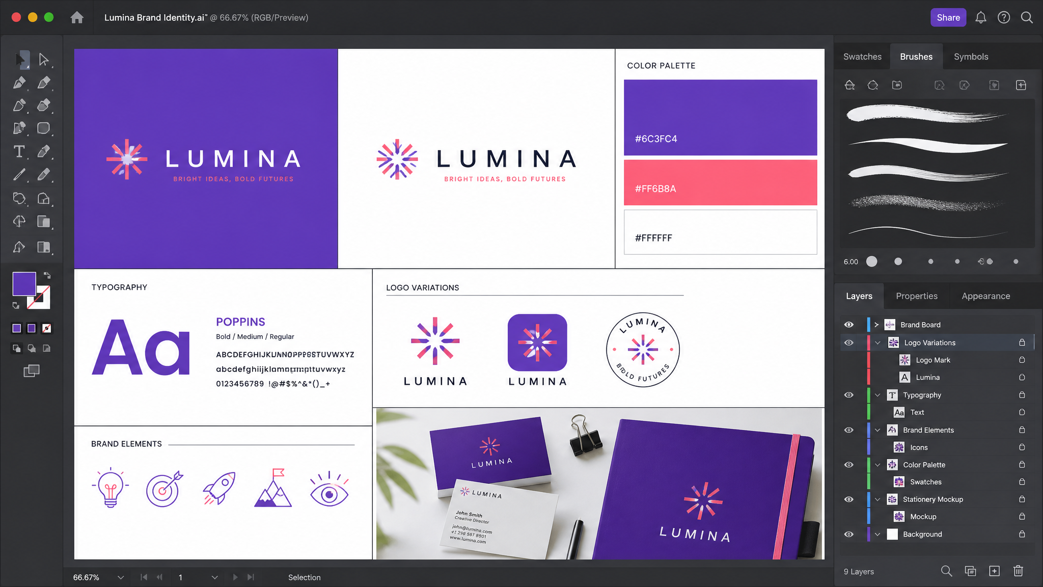 Graphic design workspace with creative tools and brand mockups