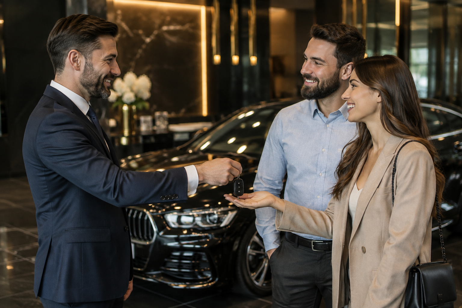 Remise des clés à un couple heureux dans notre showroom