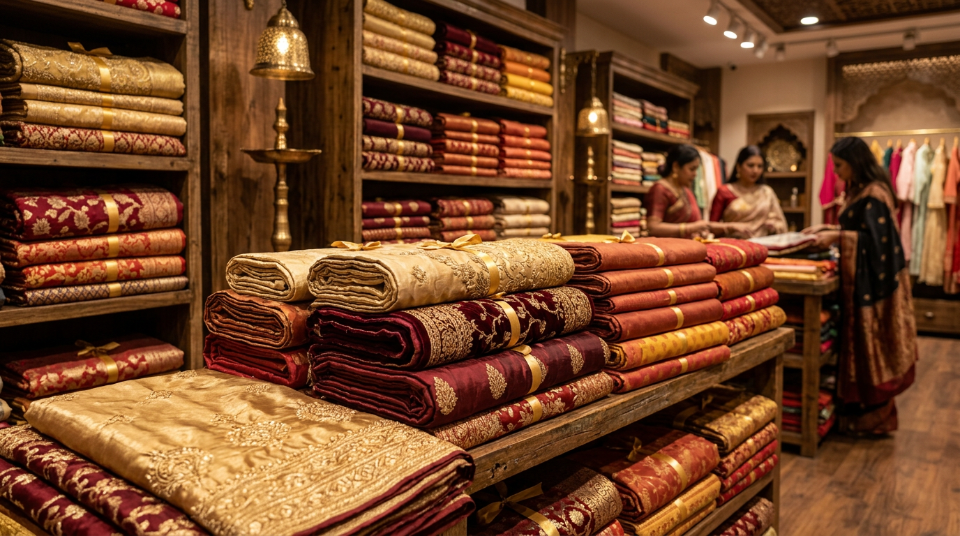 Elegant fabric rolls in warm gold and rich colors