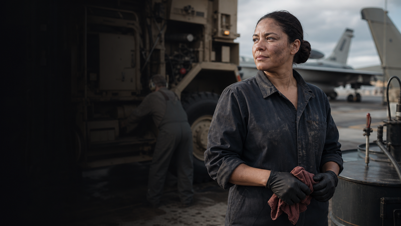 A woman veteran in a military motor pool near fuel drums and vehicles — the kind of duty that establishes toxic exposure