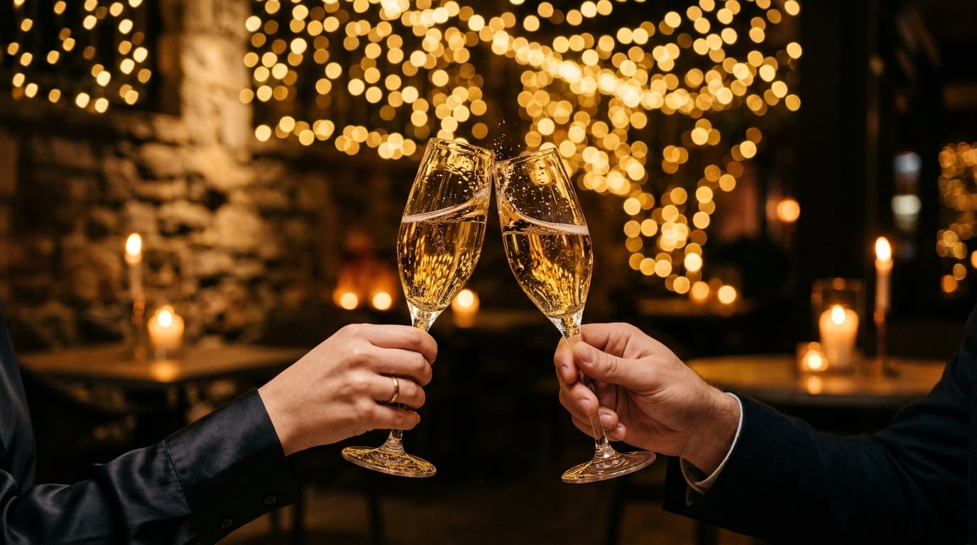 Champagne glasses clinking with bokeh lights