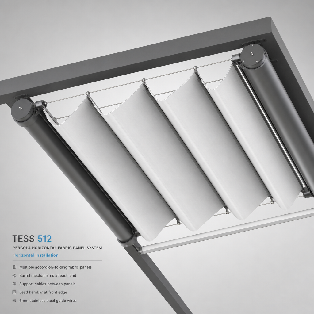 Large-Span & Pergola Shades — Guthrie Douglas TESS 512 Horizontal Pergola Roller Shade — distributed by Blind Solutions®