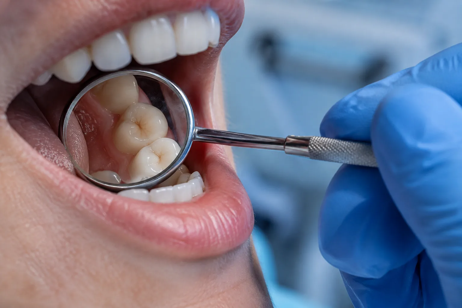 Dental examination with a mirror inspecting for cracked teeth at our Fort Wayne office