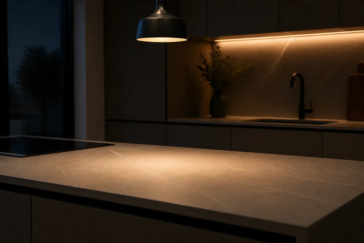 Cocina en penumbra con luz cálida encendida sobre la encimera vacía, de noche, sin personas.