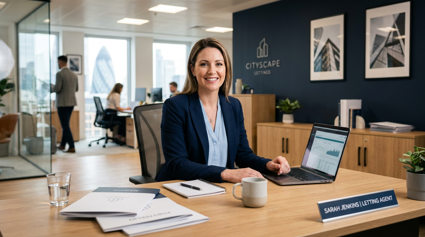 A UK letting agent reviewing property documents at a desk while helping a landlord recover rent arrears