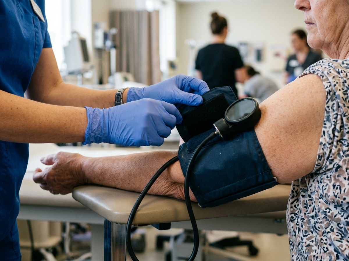 Close-up of a clinician gloved hands placing a blood pressure cuff on a patient upper arm with the gauge turned away in a clinical setting