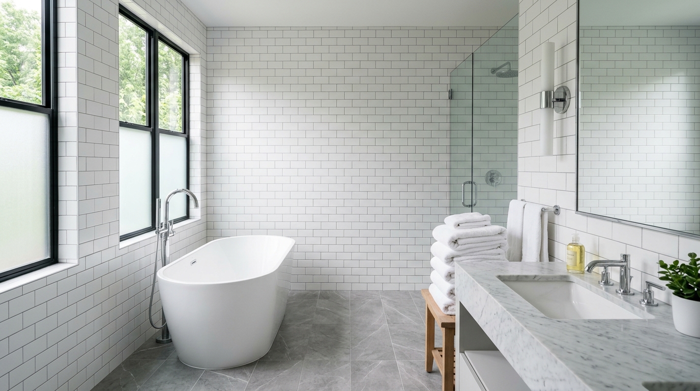 Luxury bathroom with white subway tile and gray floor tile