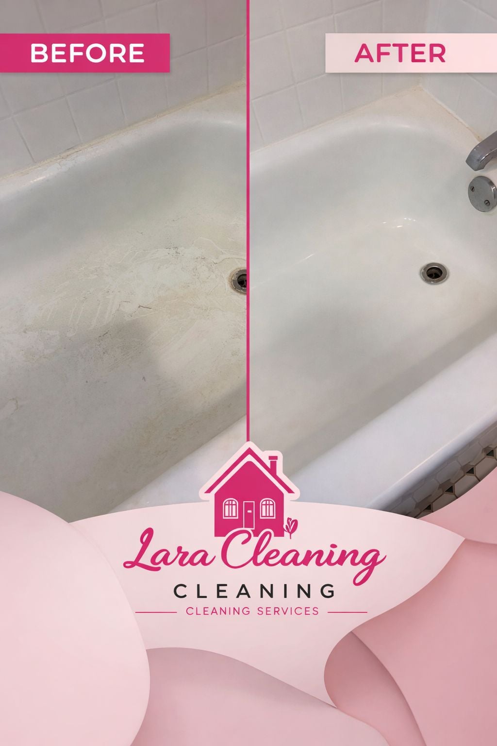Before and after bathtub cleaning by Lara Cleaning