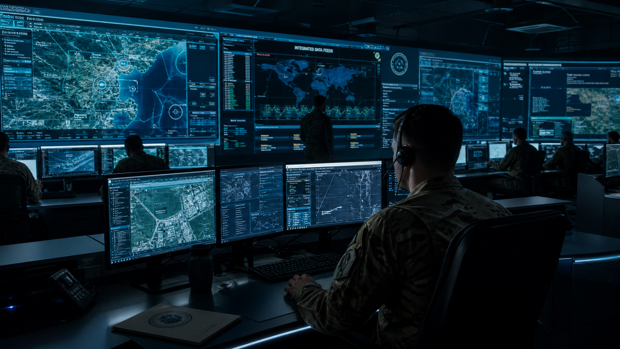 Military command center with transparent tactical display screens