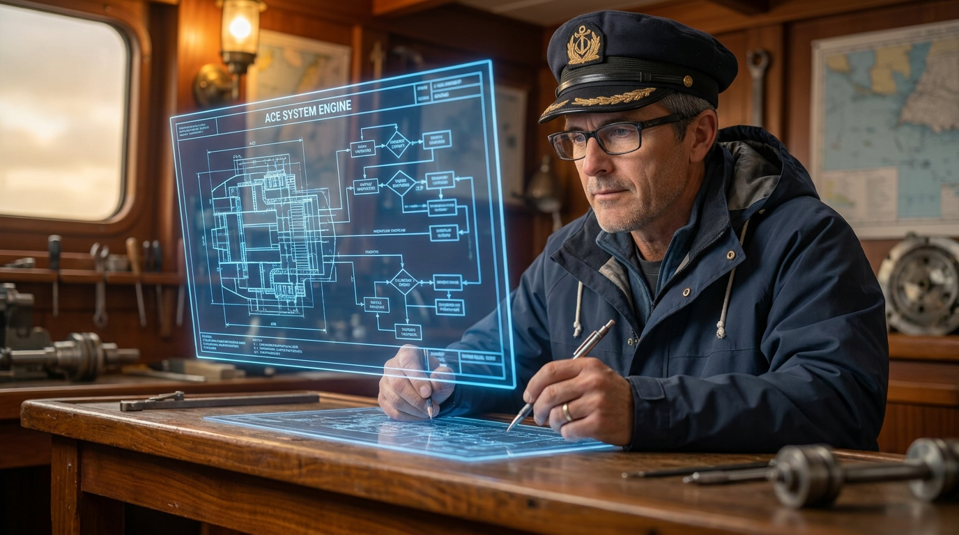Robert Lees reviewing a Wealthy Affiliate ACE workflow blueprint at his workbench