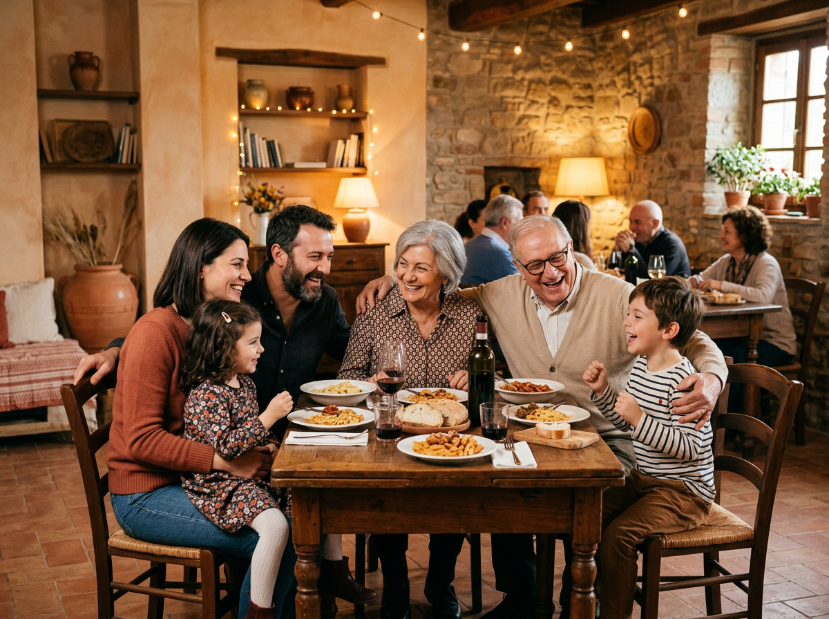 Famiglia multigenerazionale riunita in uno spazio comunitario accogliente