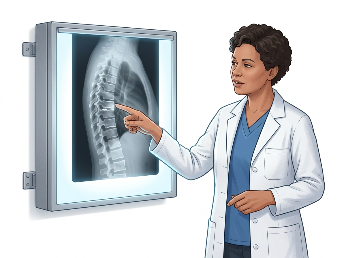 Illustration of a clinician pointing at a thoracic spine film on a lightbox, indicating the level matching the pain band