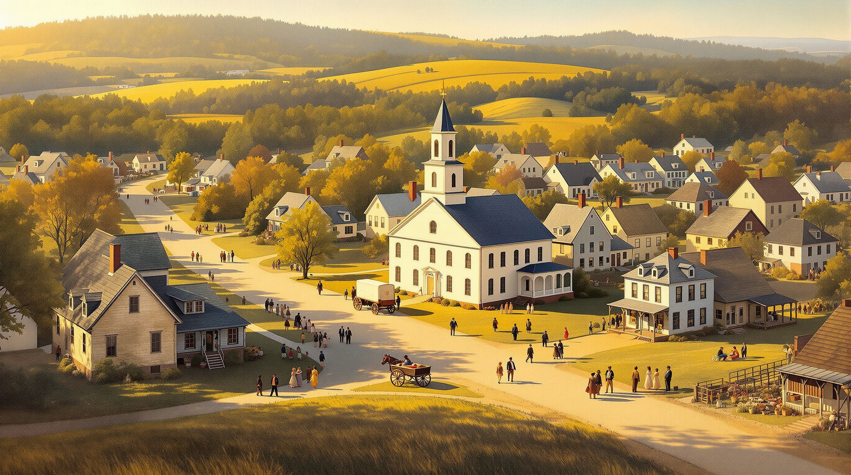 Painting of an early 19th century New England town center with meetinghouse and clapboard houses