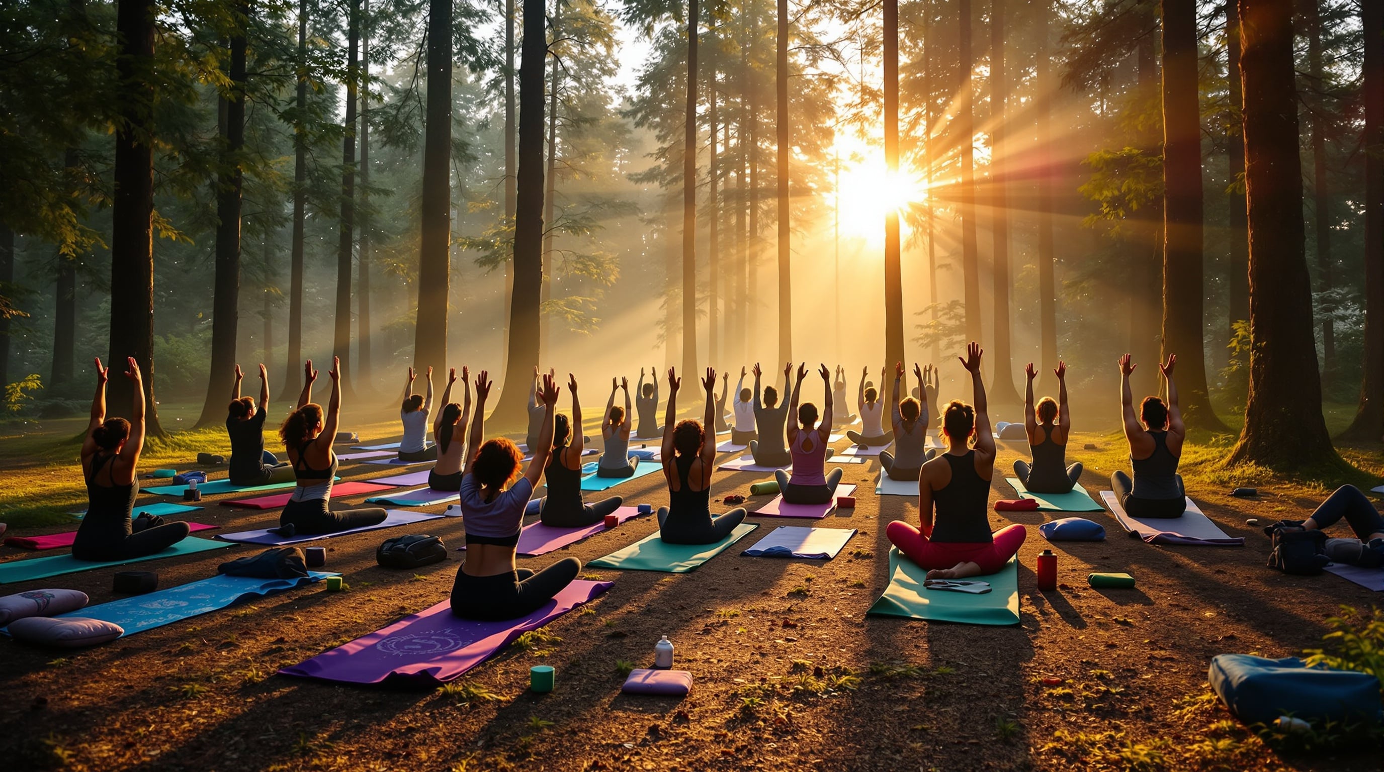 Peaceful sunrise yoga session in a misty forest clearing with fairy lights