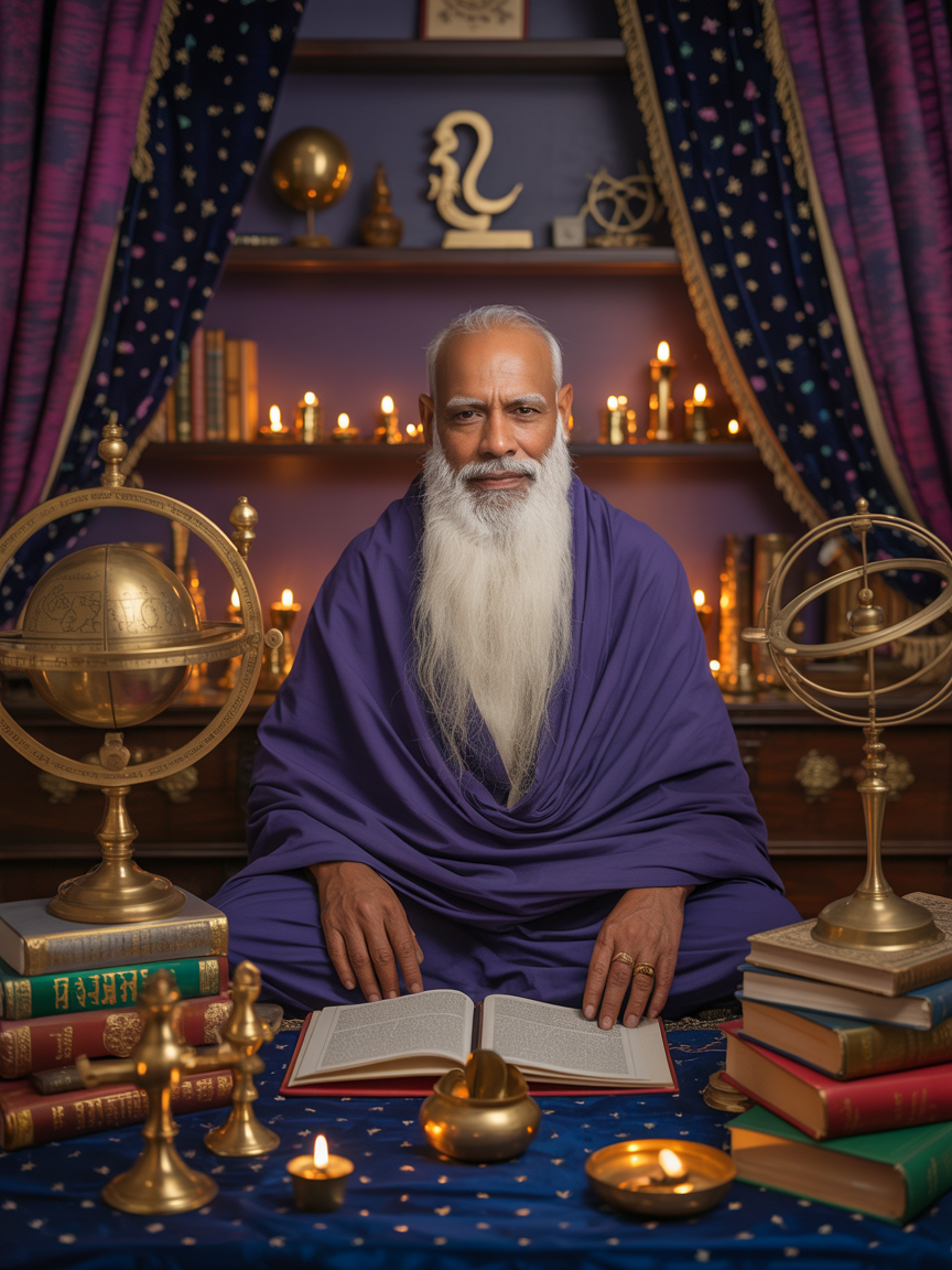 Experienced Vedic astrologer in a mystical study with ancient texts and celestial instruments