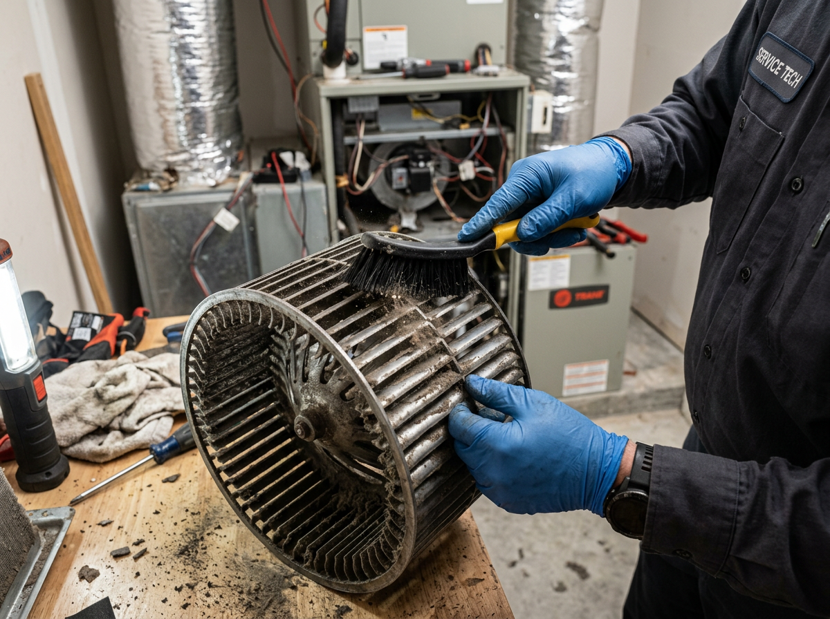 HVAC technician cleaning a dirty residential blower assembly and blower wheel