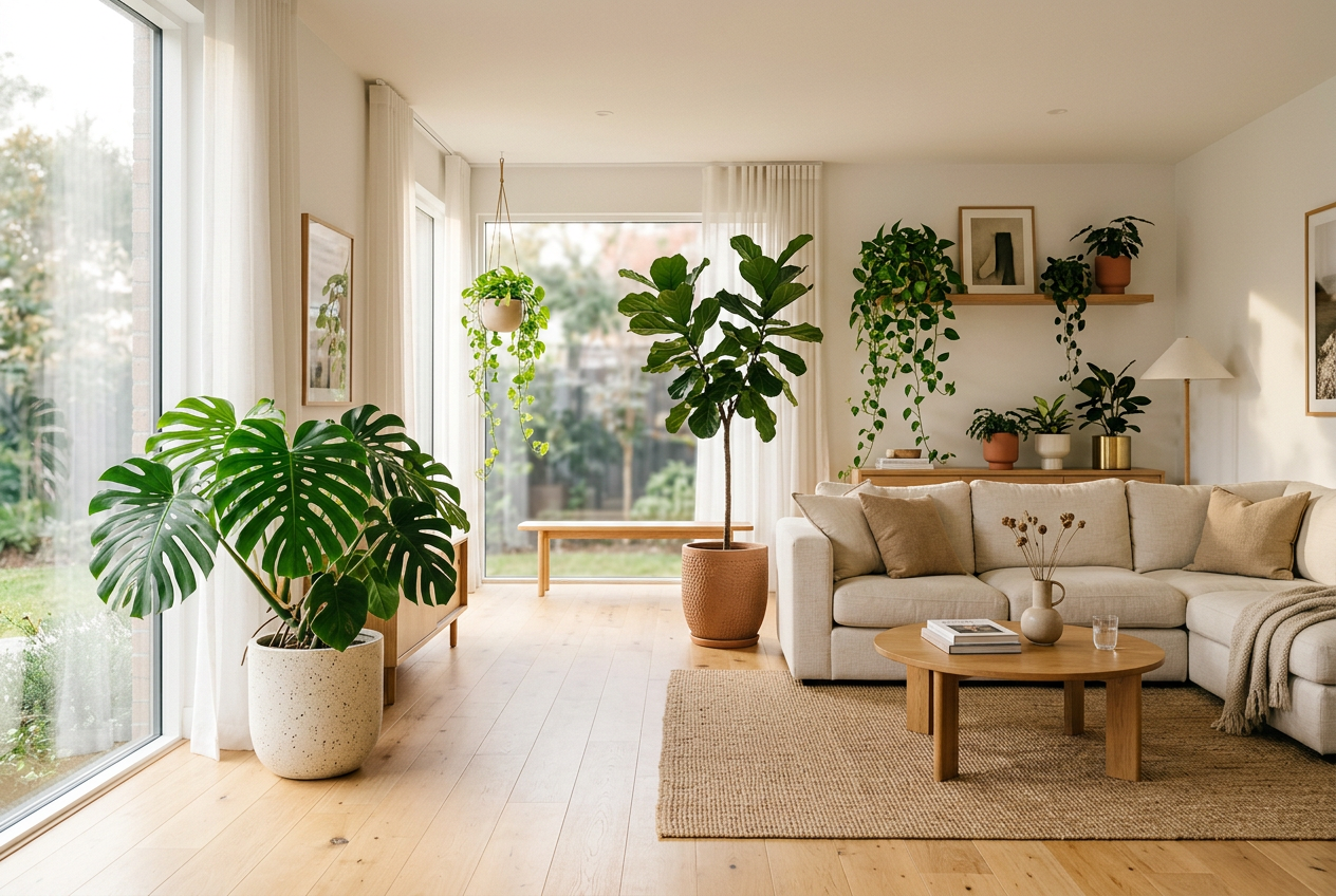 Sunlit contemporary living room styled with a monstera, fiddle-leaf fig and trailing pothos
