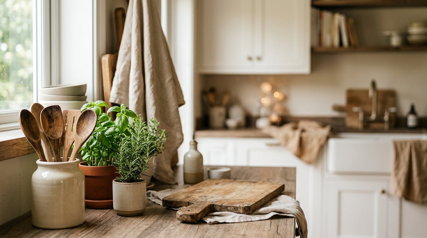 Warm kitchen background with plants and wooden utensils