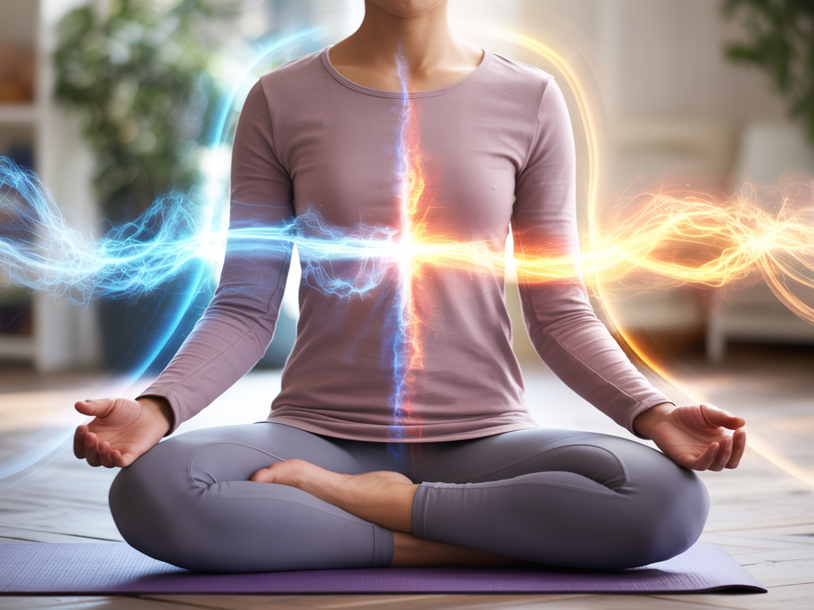 Osoba u meditaciji sa prikazom energetskog balansa između leve i desne strane tela kroz svetlosne tokove