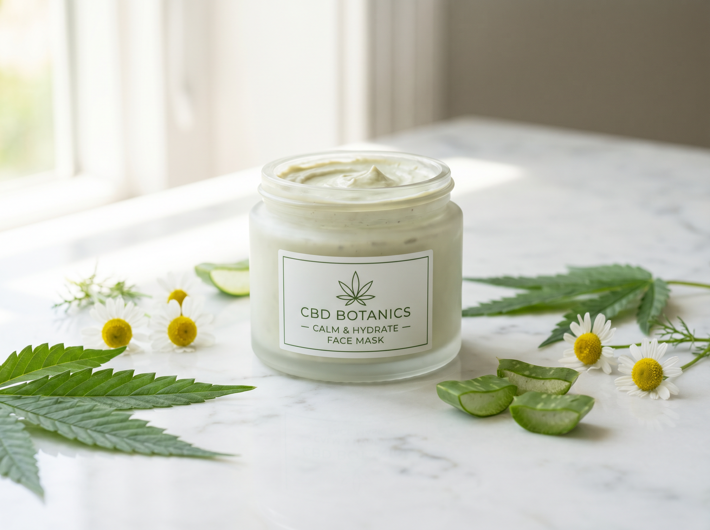 CBD face mask product jar with hemp leaves on marble surface – natural CBD skincare