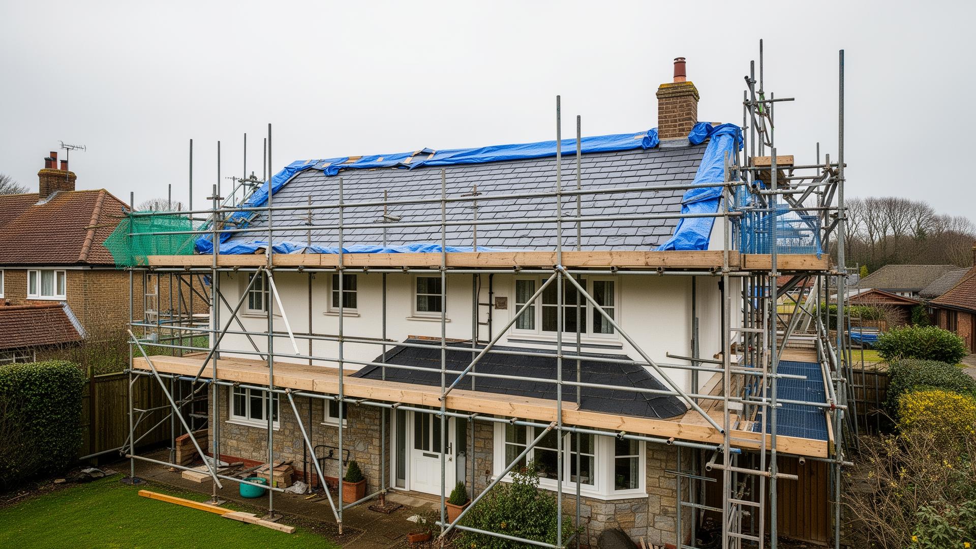 Professional roofer working on scaffolding