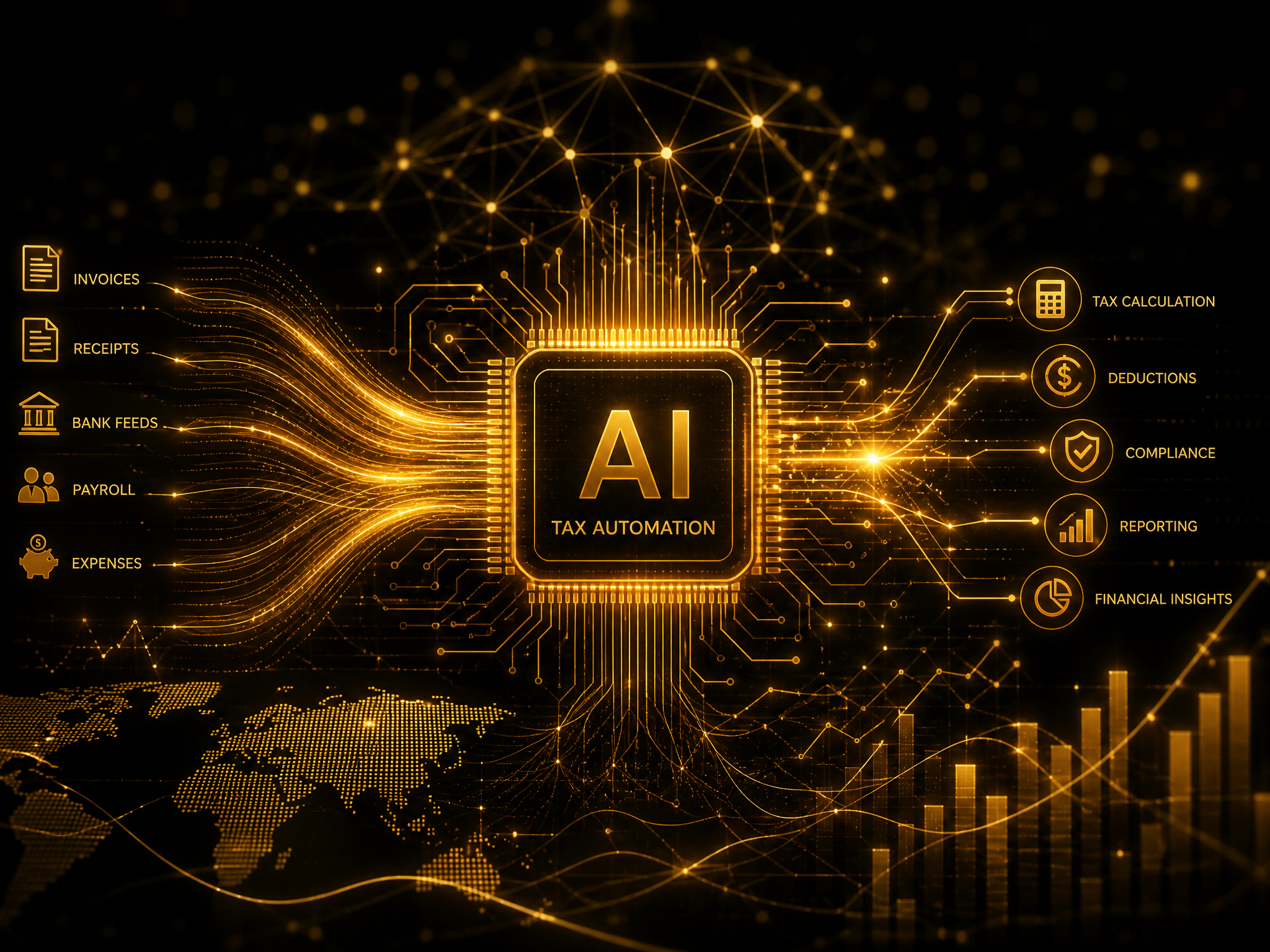 AI-powered tax automation with glowing golden circuits
