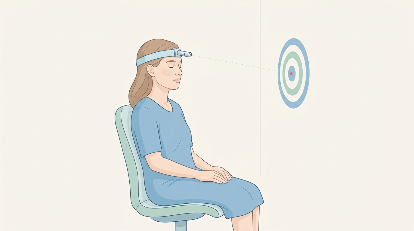 Illustration of a patient wearing a laser headband aiming at a wall target during a cervical joint-position-error test