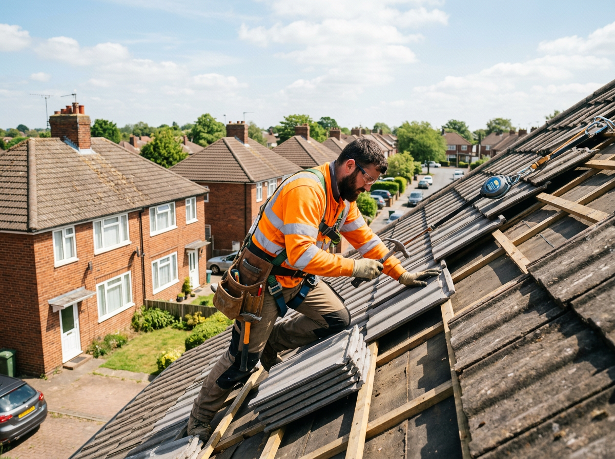 JD Property Maintenance roofer installing tiles on a pitched roof
