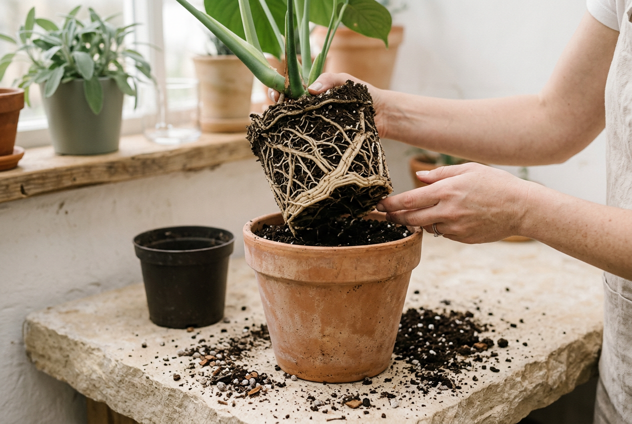 Plant root ball lifted into a larger fresh terracotta pot with new soil